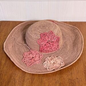 Helen Kaminski 100% Raffia Sun Hat Crochet Floral Pink‎
